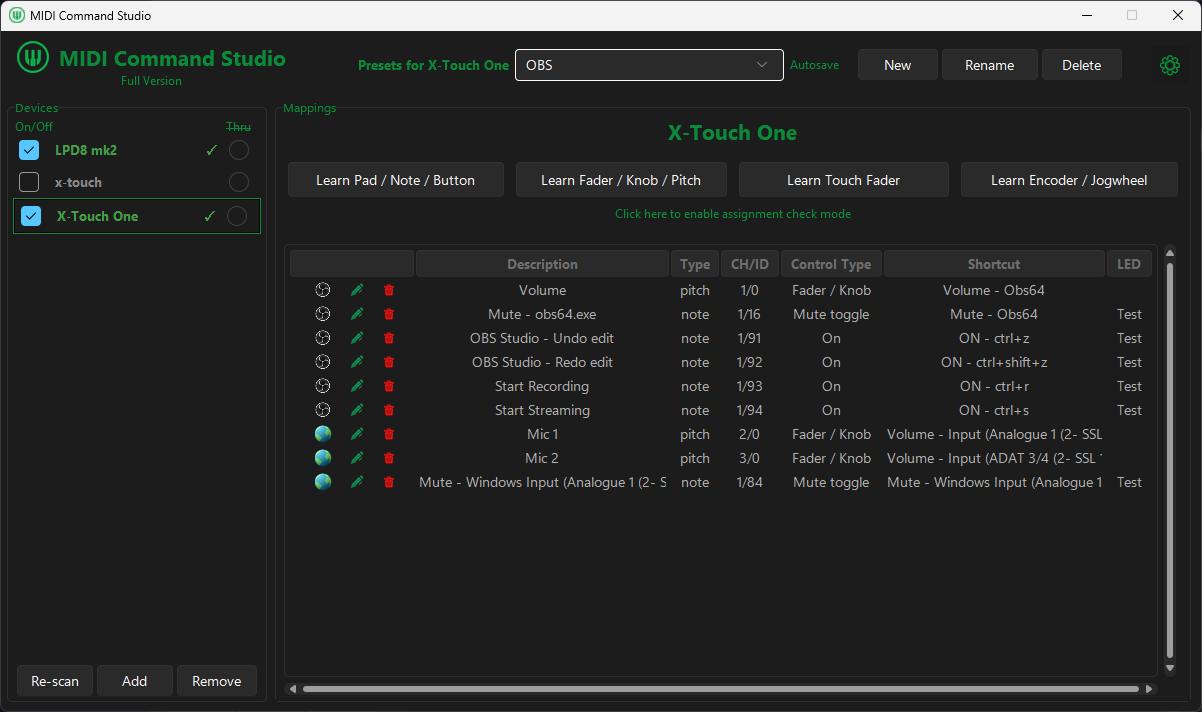 MIDI Command Studio preset for recording, streaming and Windows input audio controls