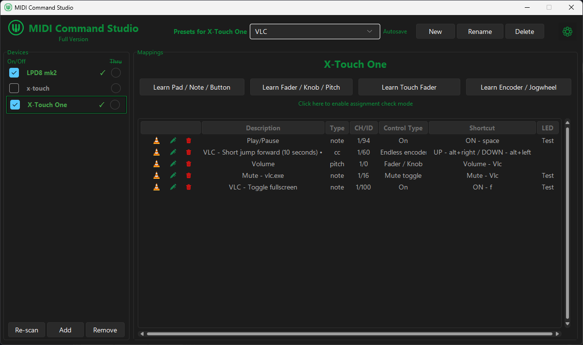 MIDI Command Studio preset for media play, pause, jump, fullscreen, mute and app volume
